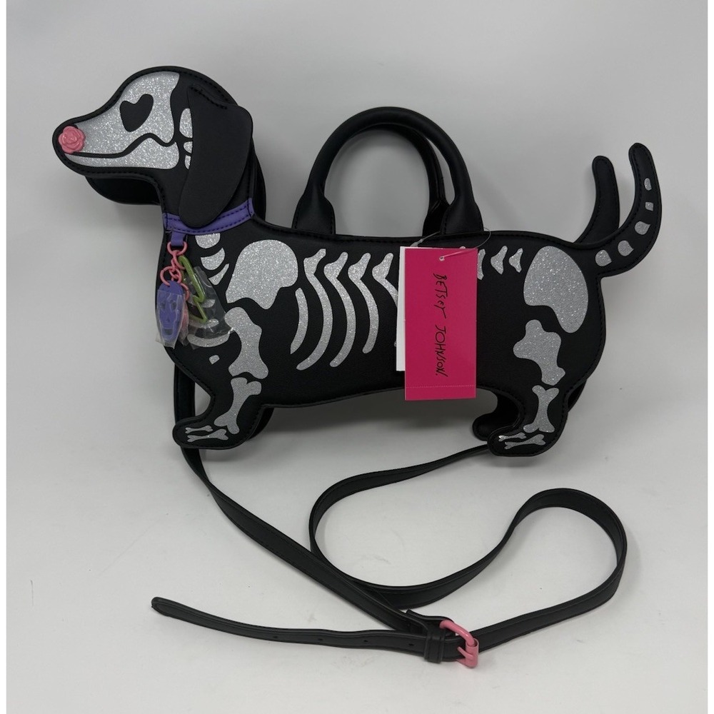 Betsey Johnson Skeleton Dachshund Dog Crossbody Bag Zip Detachable Strap NWT